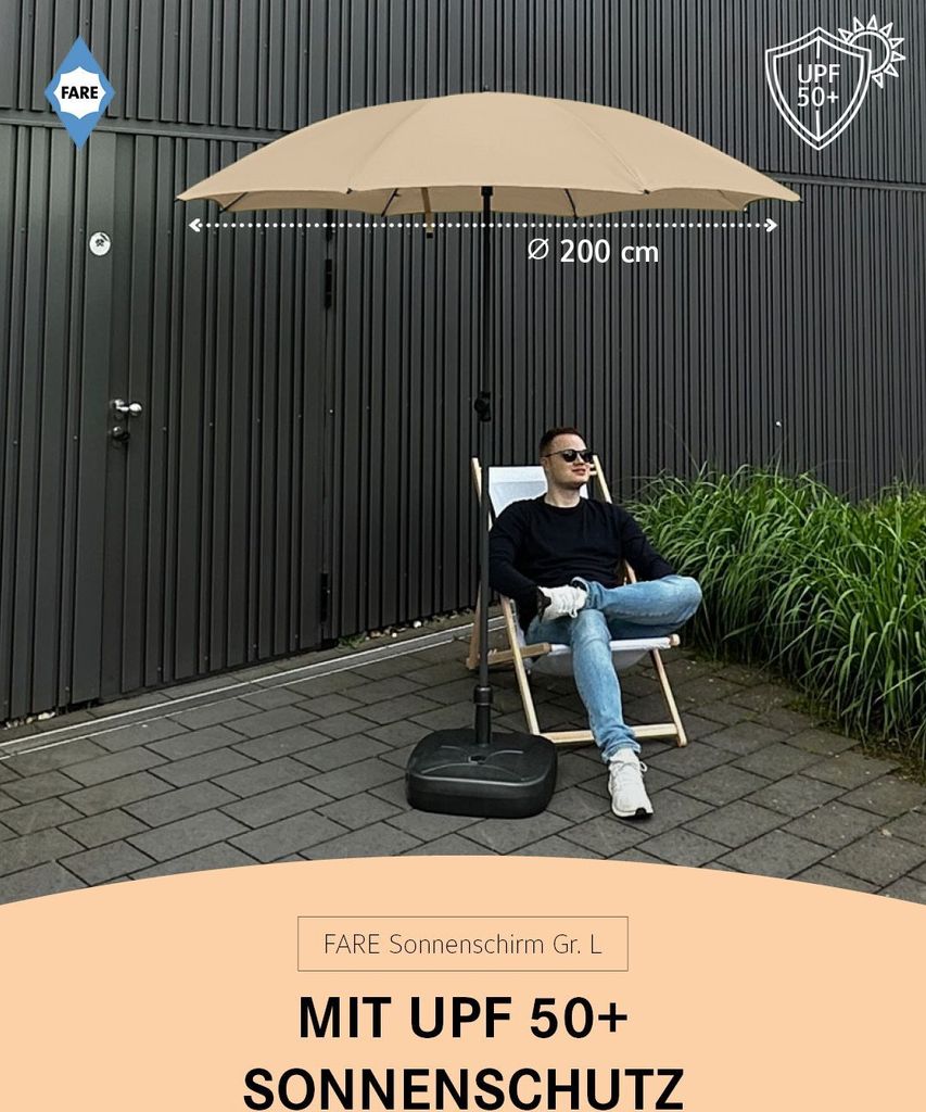 FARE Sonnenschirm L Höhenverstellbar Knickvorrichtung Lichtschutzfaktor UPF 50+ 200cm, Farbe:Natur