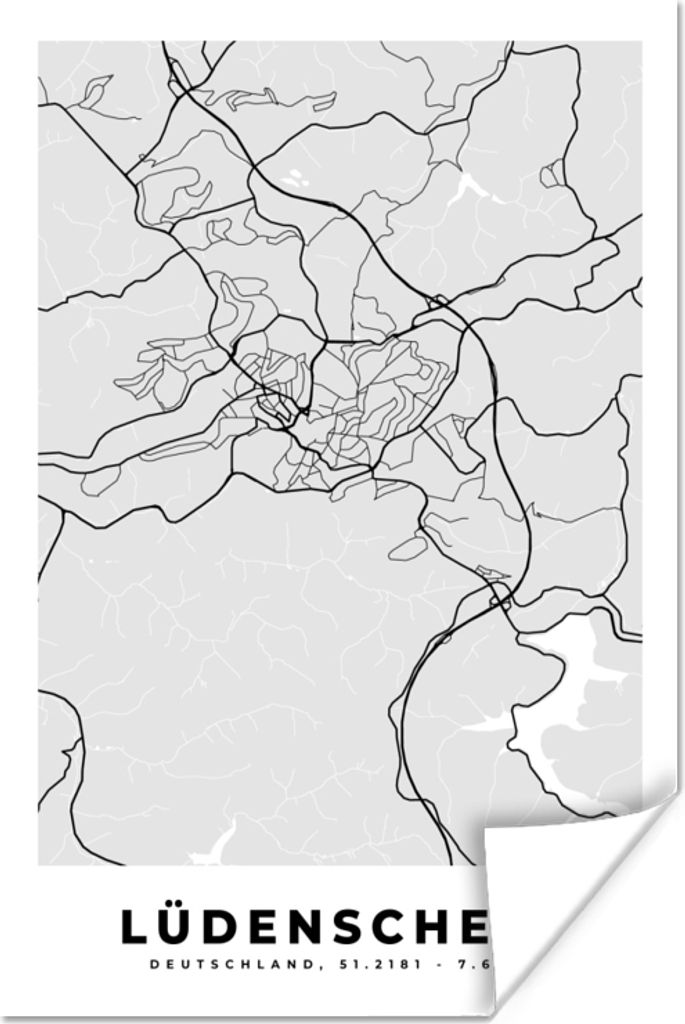 MuchoWow Poster Karte - Deutschland - Lüdenscheid - Stadtplan 60x90 cm - Wanddekoration