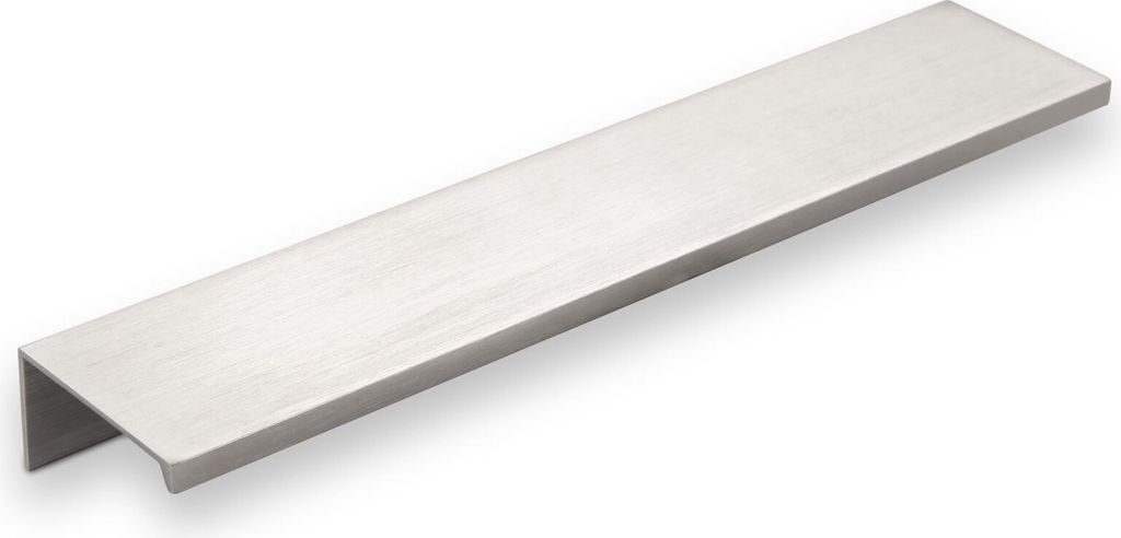 A single, long, flat cabinet handle with a brushed metal finish, shown at an angle against a white background.