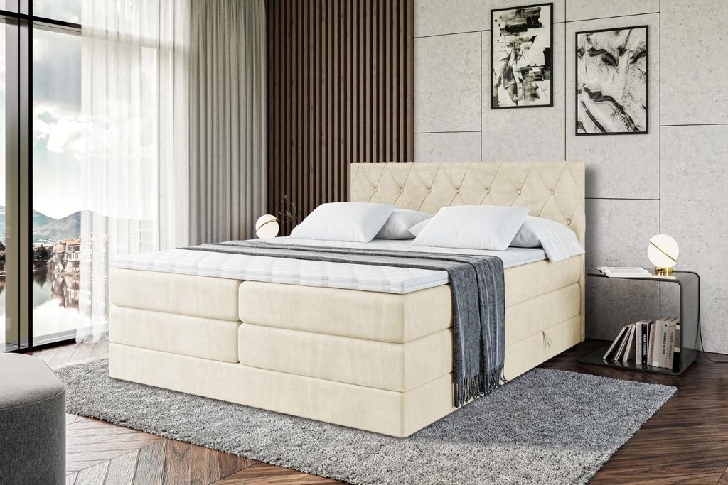 ALTDECOR Boxspringbett mit Matratze und Lattenrost - AMAY -BZ KING - 160x200 cm - Beige Monolith 04 - Topper, Polsterbett mit Bettkasten, Bett mit ...