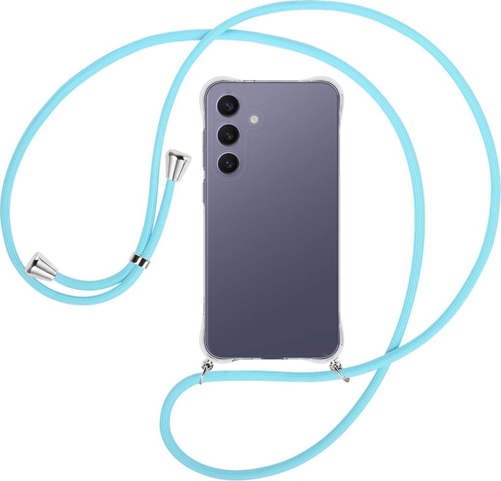 Handykette Backcover-Schutzhülle mit Band (Metall silberfarben) für Samsung S25 Plus - himmelblau