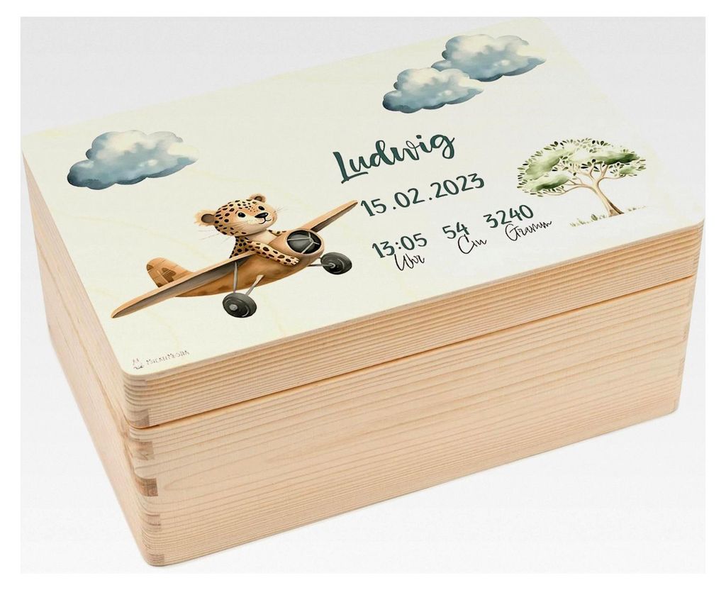 Personalisierte Erinnerungsbox für Babys - 30x20x14cm - UV-Druck - Individuelle Aufbewahrungsbox aus Holz - Geschenk zur Geburt - Leopard im Flugzeug