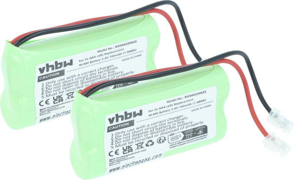 vhbw 2x Akku für diverse Geräte (700mAh, 2,4V, NiMH) 2x Zellen Typ AAA, Micro, HR03