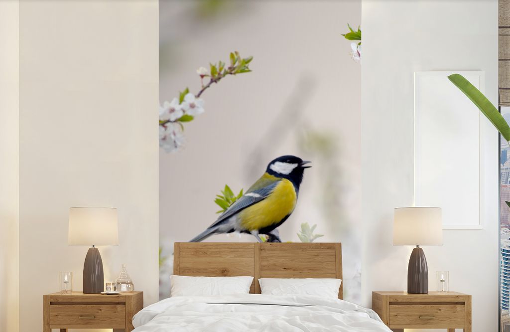 MuchoWow Fototapete für Wohnzimmer oder Schlafzimmer Wandtapete Vinyl Motivtapete Vogel - Kohlmeise - Blumen - Blütenbaum - 120x240 cm - Hinter...