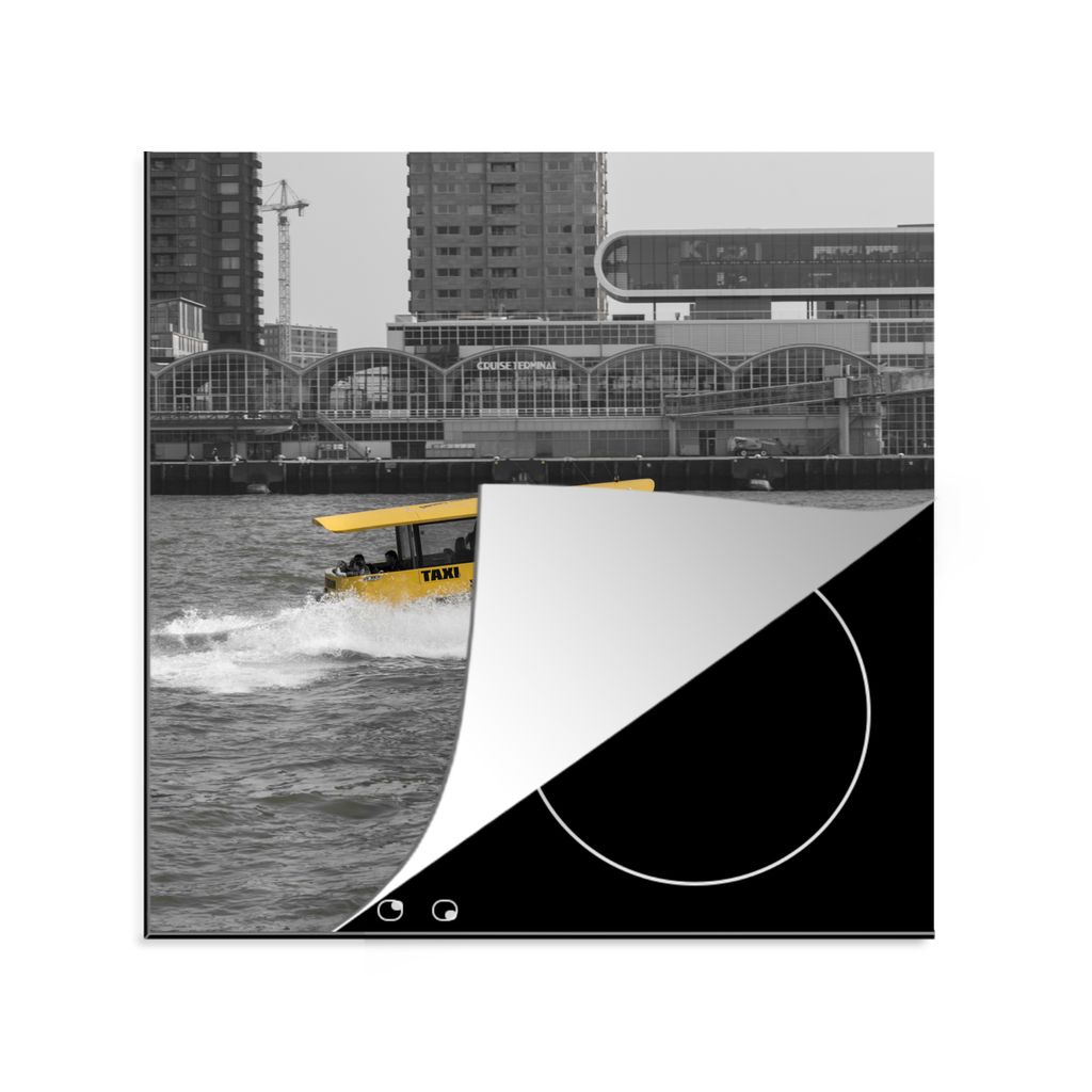 KitchenYeah Herdabdeckplatte Schwarz-Weiß-Fotografie eines Bootes in der niederländischen Stadt Rotterdam , 78x78cm, Küche Deko, Glaskeramikko...