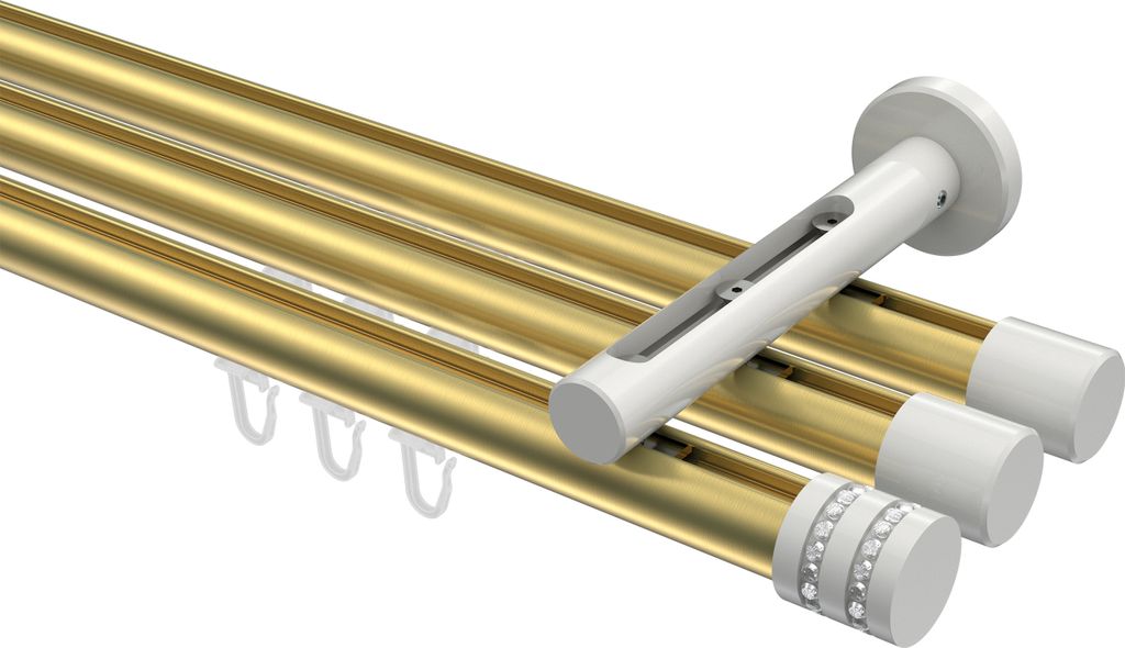Interdeco Innenlaufstange / Gardinenstange mit Innenlauf Messing-Optik / Weiß, Typ Siteno Estana (Glitzerkappe), 20 mm Ø 3-läufig, 200 cm