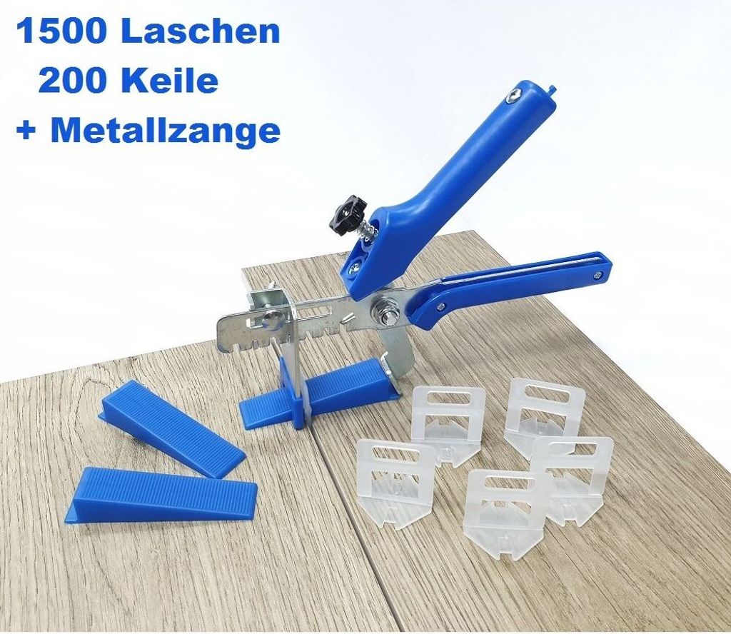Fliesen Nivelliersystem Blau Fliesenstärke 3-12 mm Maxi-Set 1 mm 1500 Laschen 200 Keile + Zange -Verlegesystem Fliesenverlegung Fliesenverlegehilf...
