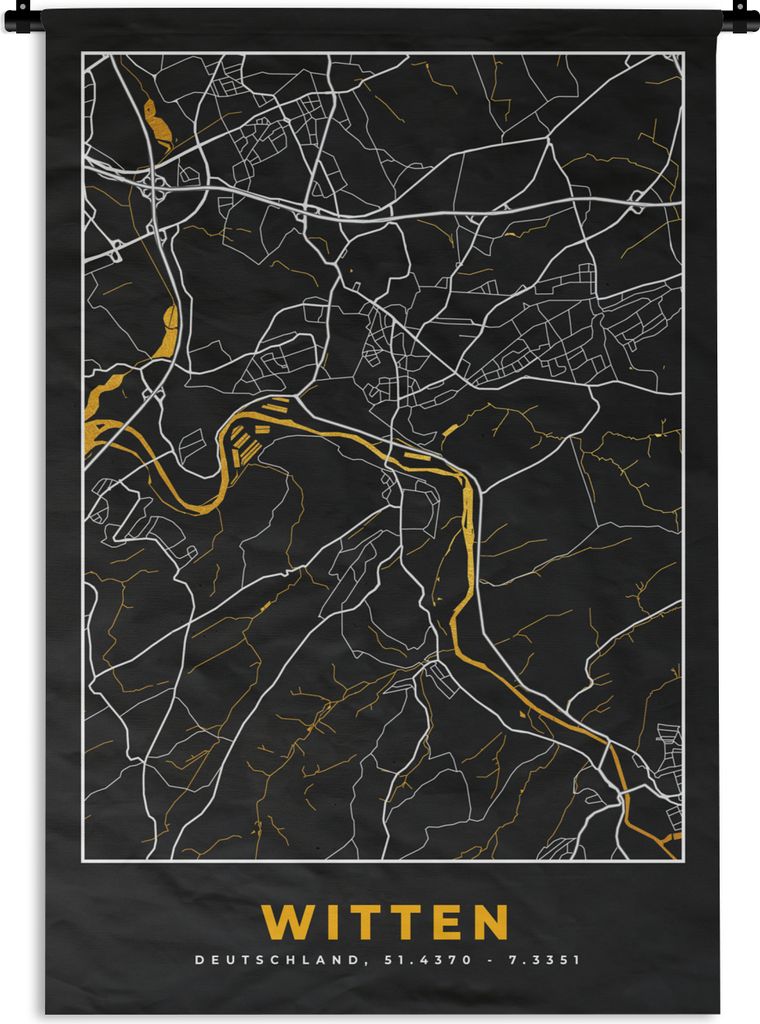 MuchoWow Wandteppich Wandbehang Witten - Gold - Stadtplan - Karte - Deutschland 120x180 cm Tapisserie Dekoration Wandtuch - Schlafzimmer - Dekora...