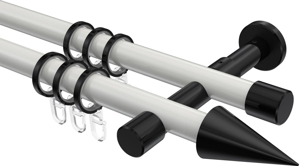 Interdeco Gardinenstange / Vorhangstange Weiß / Schwarz, Typ Prestige Savio (Kegel), 20 mm Ø 2-läufig, 360 cm