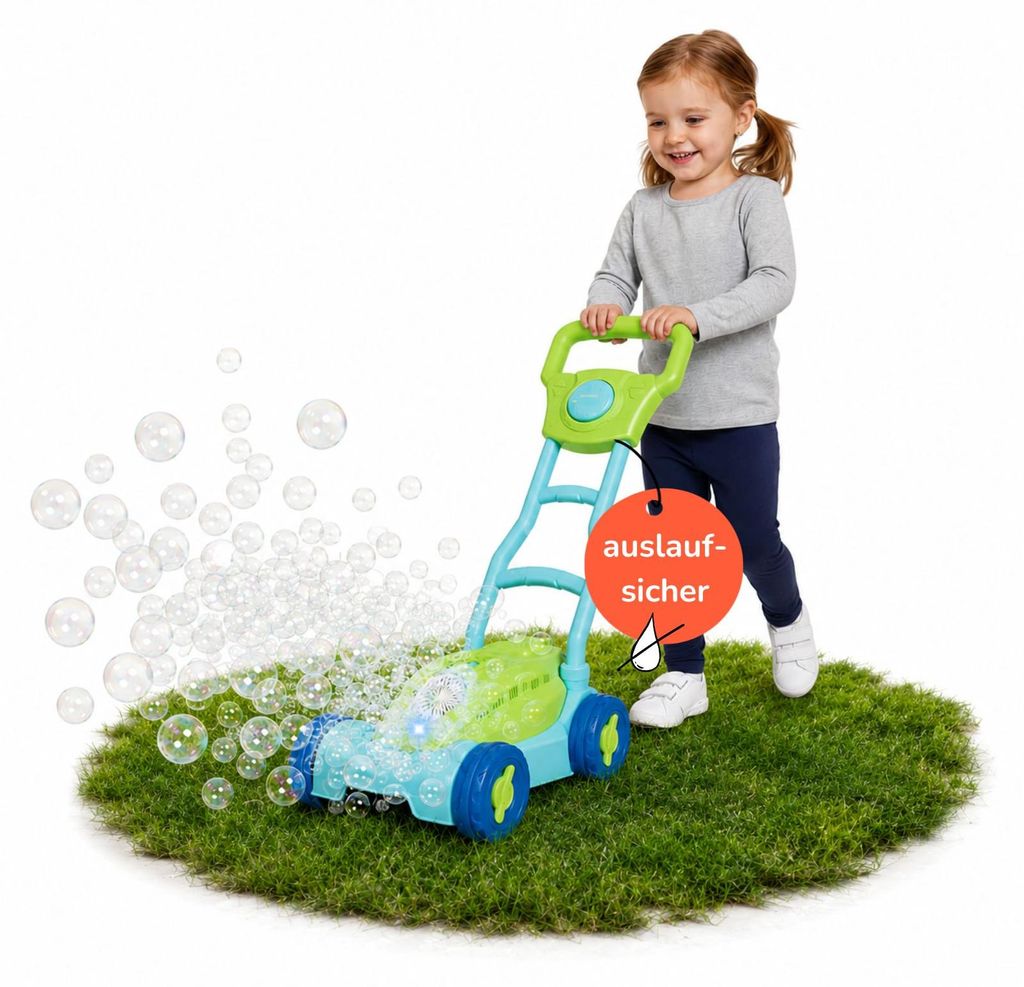 Seifenblasen Rasenmäher für Kinder - Gartenspielzeug mit Lichteffekt, Quietsch-Hupe und magischem Blasen-Spaß für draußen