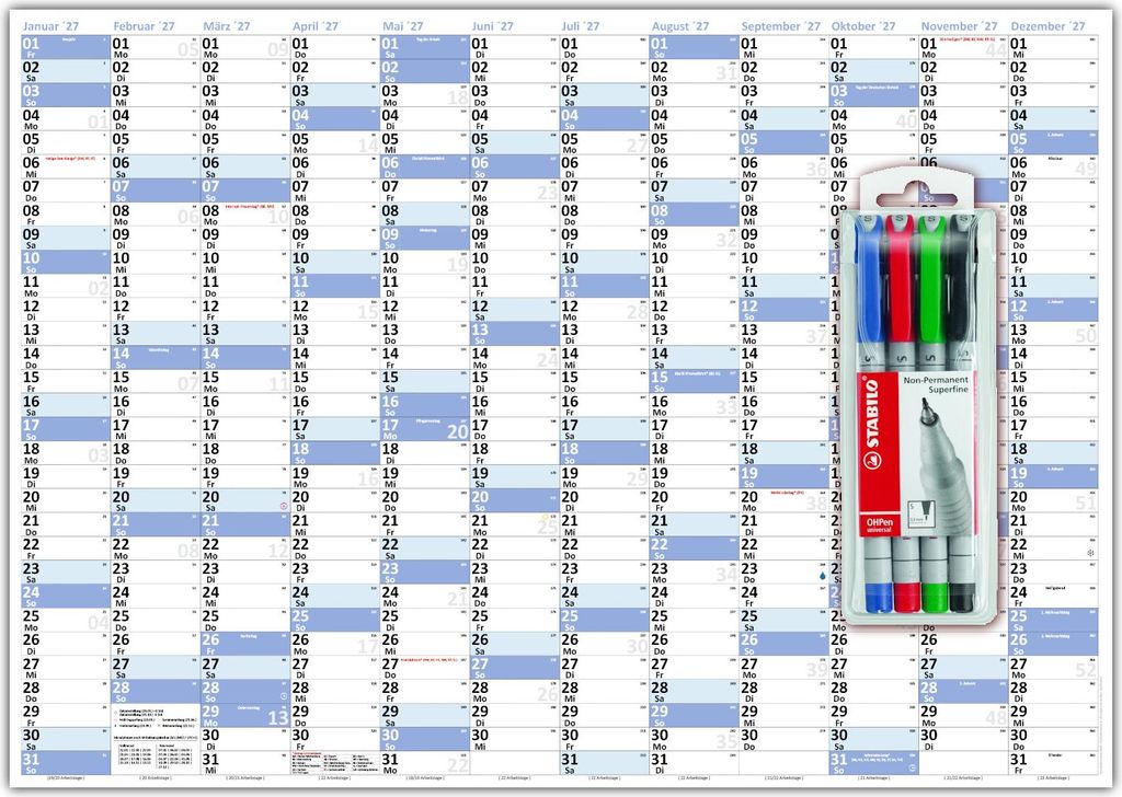 XL Wandkalender DIN A1 2027 blau, nass abwischbar inkl. Stifteset Format 59,4 x 84,1cm Jahresplaner Wandplaner Kalender werden gerollt versendet