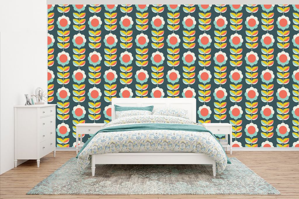 MuchoWow Fototapete für Wohnzimmer oder Schlafzimmer Wandtapete Vinyl Motivtapete Retro - Blumen - Skandinavisch - 395x220 cm - Tapezier Papier