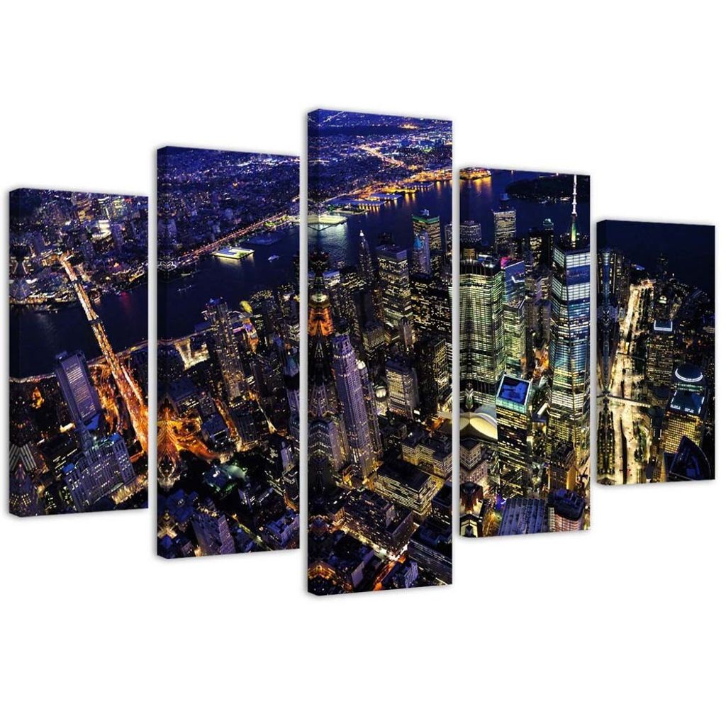 5-teiliges leinwandbild new york bei nacht 100x70 cm Feeby lila wandbild bereit zum aufhängen