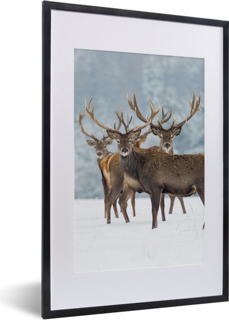 MuchoWow Gerahmtes Poster Hirsche - Tiere - Schnee - Winter - Landschaft - Natur 40x60 cm - Poster mit Schwarzem Bilderrahmen Wandposter Rahmen F...