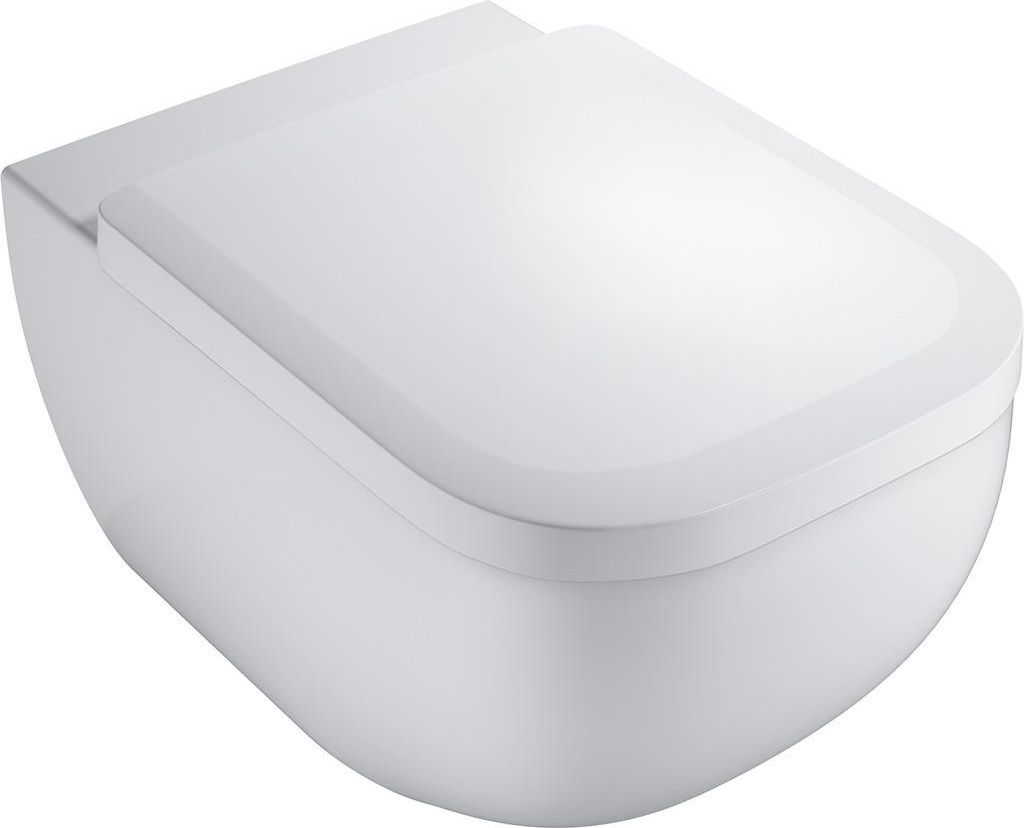 A white wall-mounted toilet with the lid closed, shown from a slightly elevated front-side angle against a white background.
