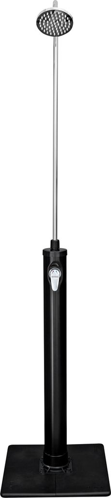 A black and silver outdoor shower on a white background.