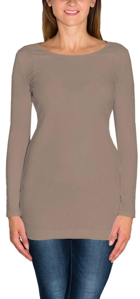Alkato Damen Langarm Longshirt Langarmshirt Tunika Basic Shirt, Farbe: Beige Latte, Größe: XL