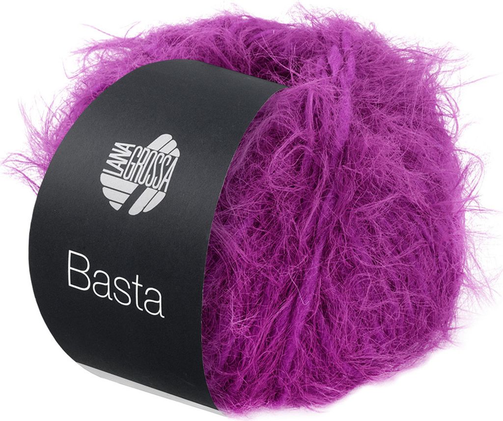 A ball of purple yarn with a black label.