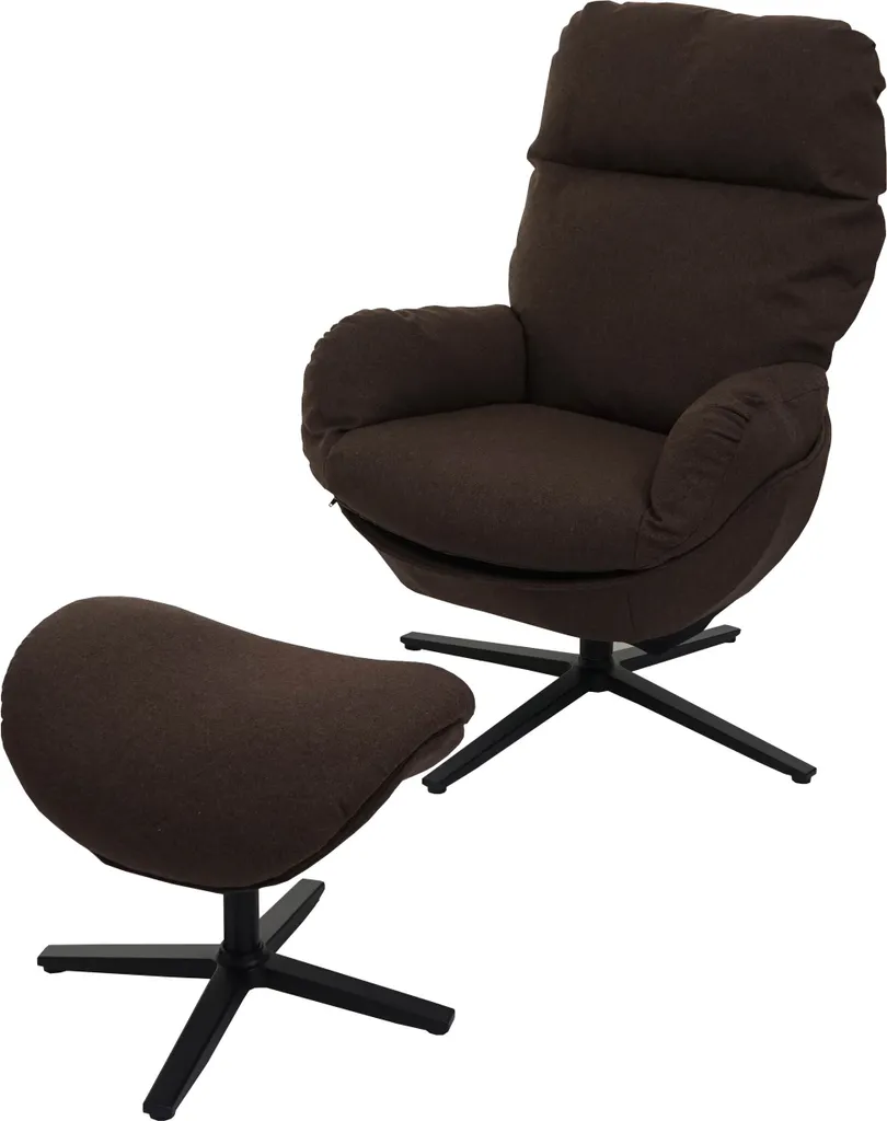 Fauteuil TV à bascule avec pouf pivotant en tissu marron et métal