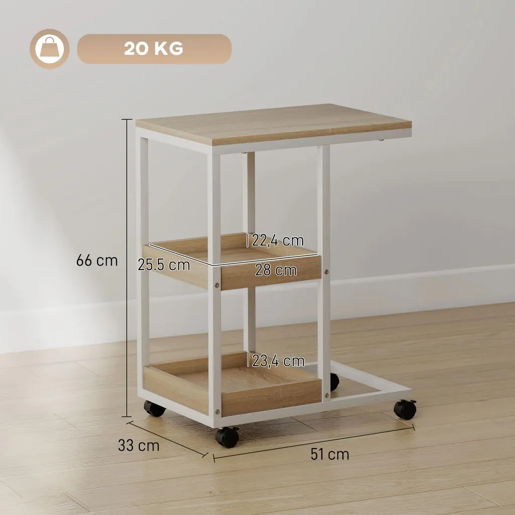 Table basse forme C à roulettes avec double rangement métal et naturel