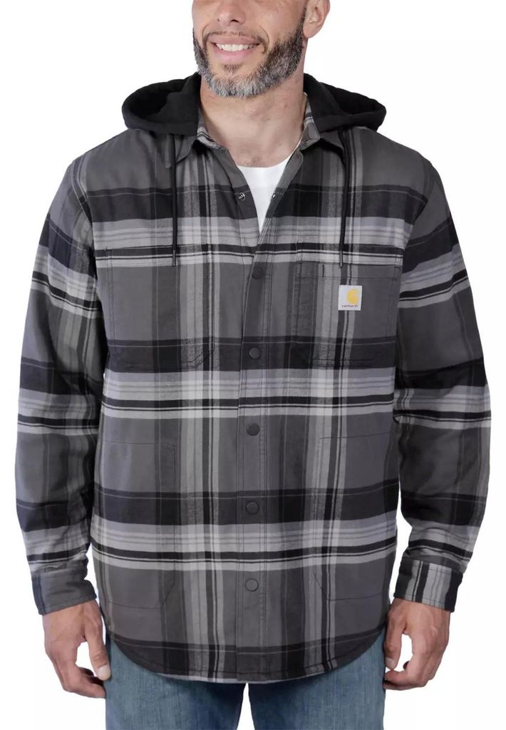Carhartt 105938 Rugged Flex Relaxed Fit Flannel Fleece Lined Hooded Shirt Jac Black L