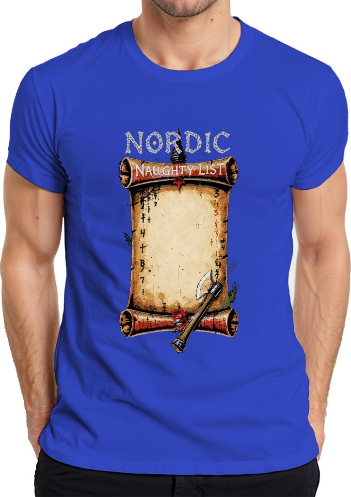 Viking Nordic Naughty List Runes Axt Weihnachtsgeschenk Retro Herren T-Shirt, Blau, 3XL