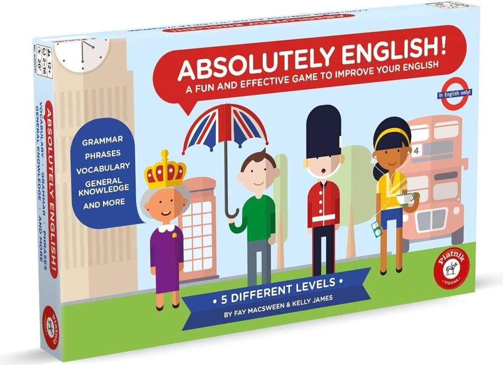 The image shows the front of a board game box with cartoon illustrations of London landmarks and characters.