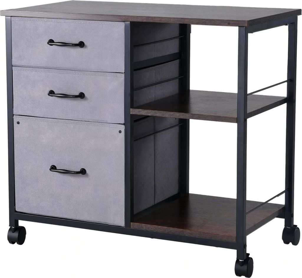 Mobiler Metallaktenschrank mit 3 Stoffschubladen und 2 offenen Regalen, braun