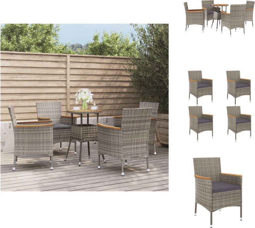 vidaXL 5-tlg. Garten-Bistro-Set mit Kissen Grau Poly Rattan - Gartenmöbel-Sets