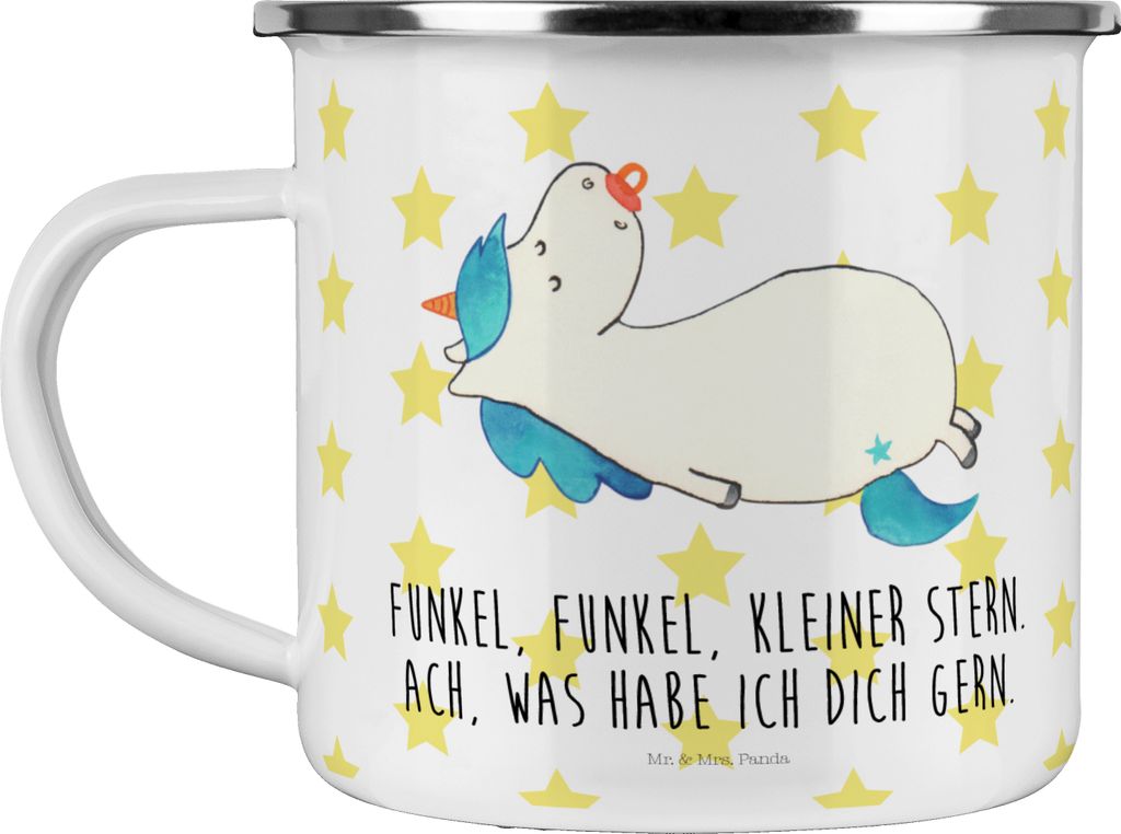 Mr. & Mrs. Panda Teetasse Einhorn Schnuller - Weiß - Geschenk, Säugling, Haferl, Emaille Tasse, Pott, Baby, Reisebecher, Unicorn, Teebecher, Mutt...