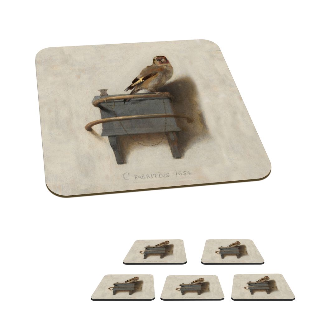 KitchenYeah Glasuntersetzer Quadratisch 6er Set Stieglitz - Alter Meister - Carel Fabritius 10x10 cm Untersetzer für Gläser - Getränkeunterset...