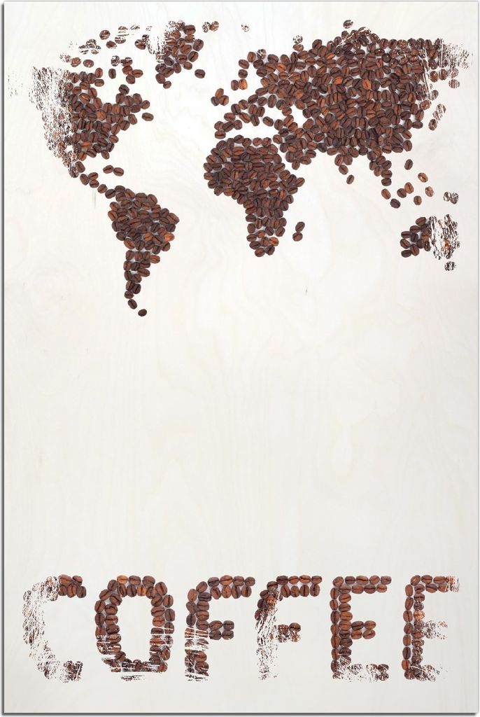 Kunstdrucke Wandbilder Holz in : Brillante Farben, Größe 60 x 90 cm Motiv Weltkarte mit Schriftzug aus Kaffeebohnen