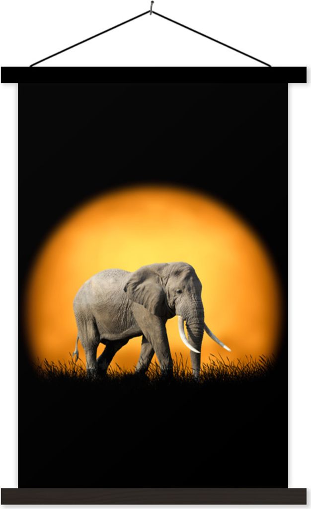 MuchoWow Textilposter Elefant - Sonne - Orange 60x90 cm mit schwarzem Rahmen - Poster Wohnzimmer