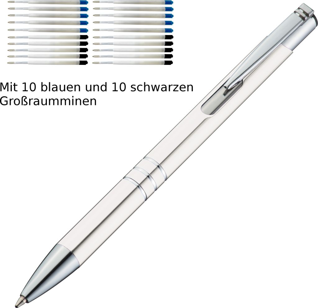 10 Kugelschreiber aus Metall / je 10 schwarze + blaue Minen / Farbe: weiß