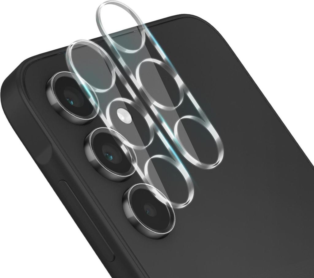 A close-up shot of a smartphone's camera lenses with protective glass covers being applied.