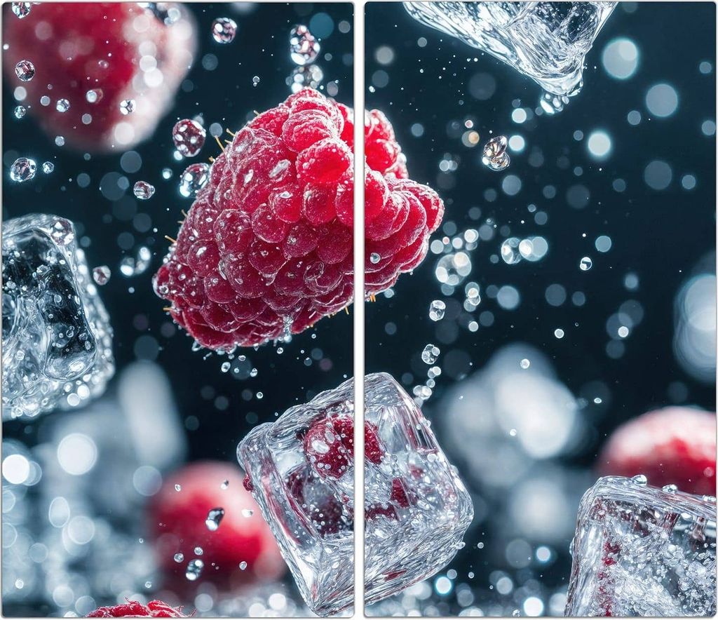 Spritzschutz Herdabdeckplatte Schneidebrett aus Glas Himbeeren im Regen 2-Teilig (60x52cm)