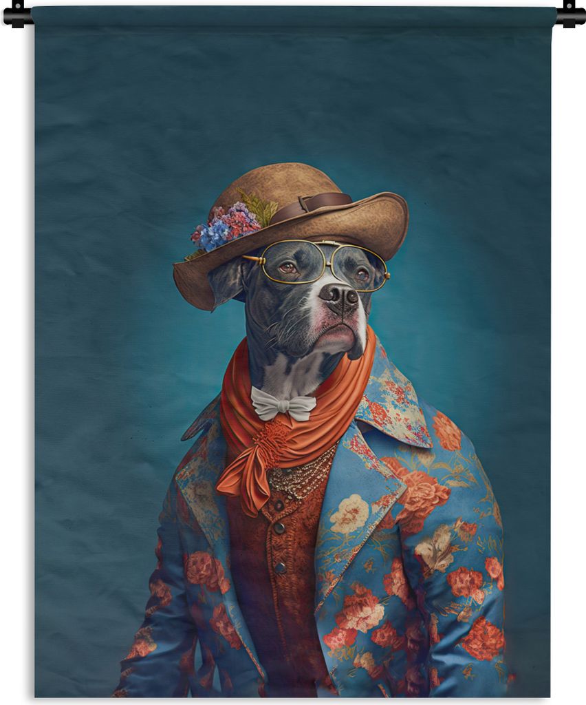 MuchoWow Wandteppich Wandbehang Hund - Jacke - Blumen - Hut - Blau 150x200 cm Tapisserie Dekoration Wandtuch - Wandaufhängung - Moderner