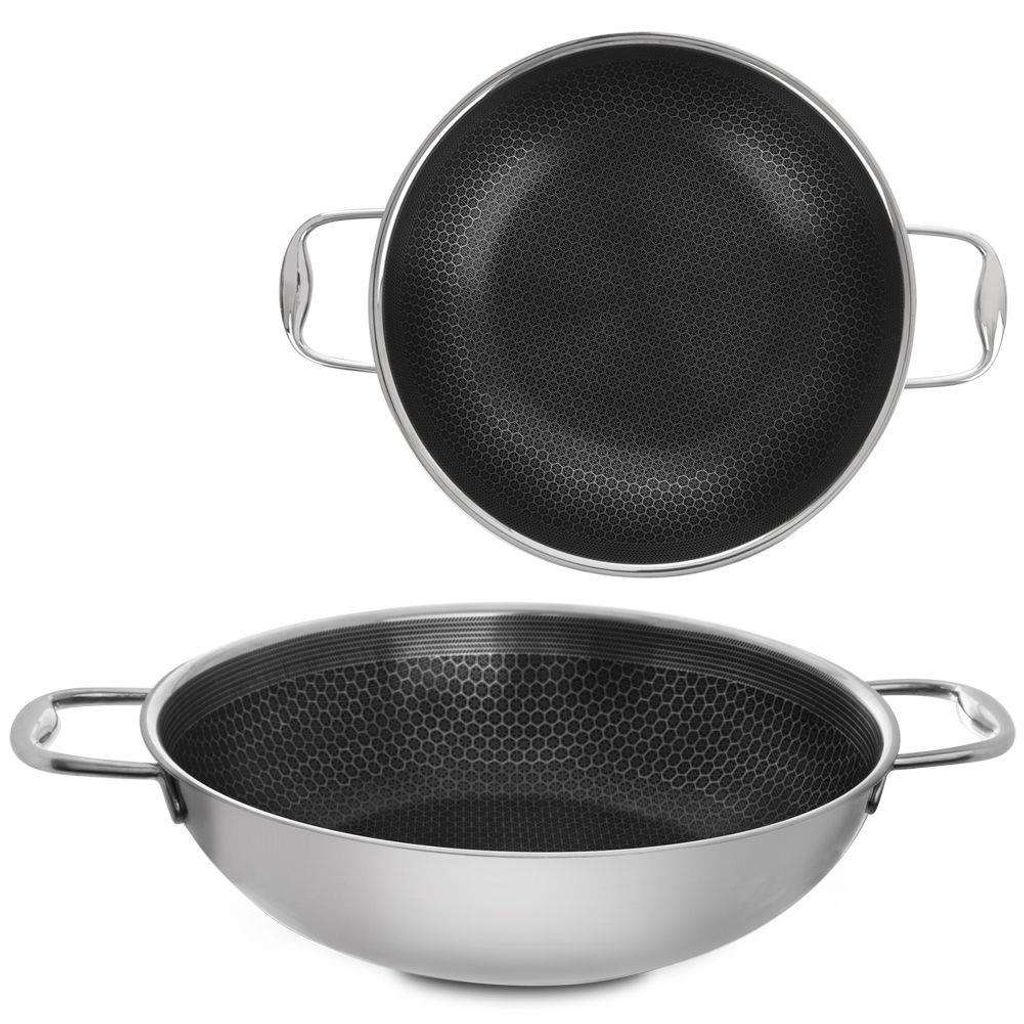 A top and side view of a wok pan.