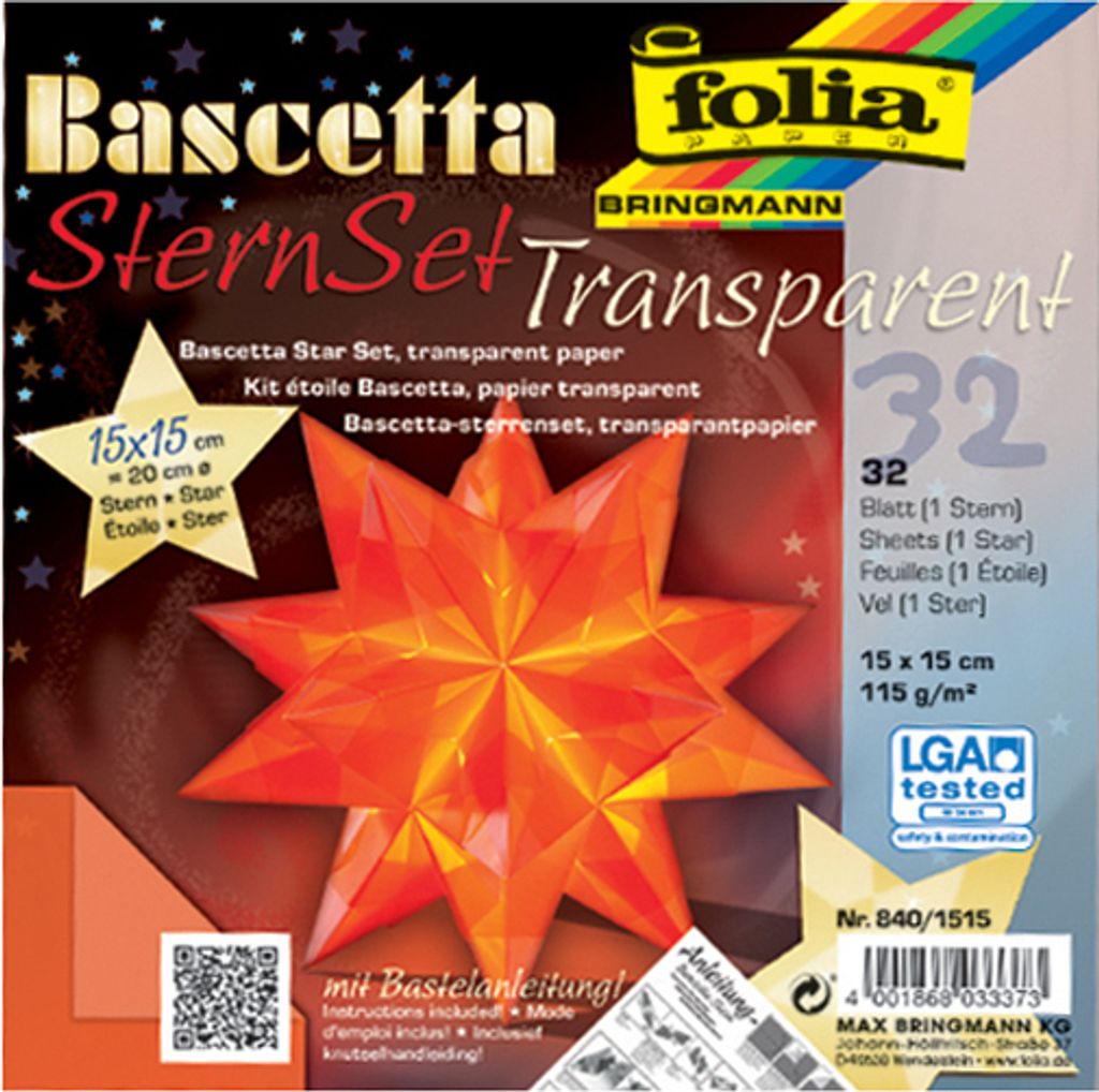 The image shows the packaging for a Bascetta Star Set, with a large orange star prominently displayed.