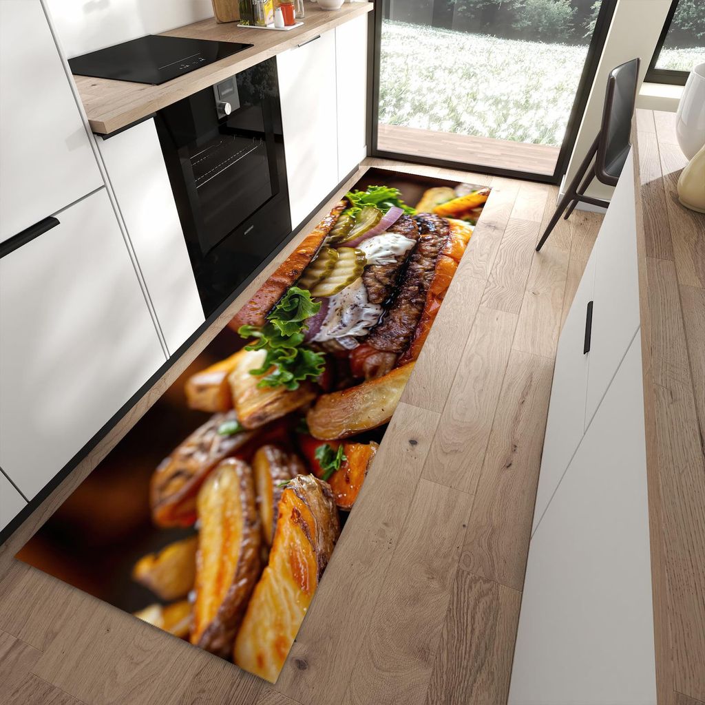 Küchenteppich 80x280cm rutschfest & abwischbar PVC Läufer - Burger mit Pommes