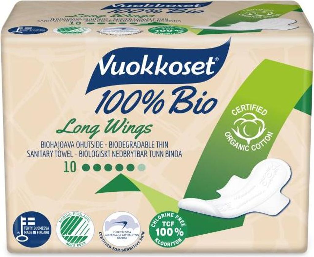 Vuokkoset biologisch extra langes Monatsbinden mit Flügeln Produktbild 