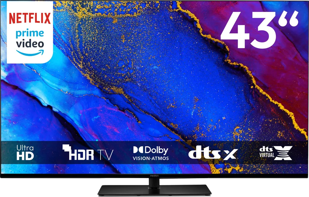 MEDION 108 cm (43 Zoll) Fernseher (Smart TV, 4K, Dolby Vision HDR, Prime Video, Disney+, Dolby Atmos, DTS X, kompatibel mit Google TV, PVR, Bluetooth,