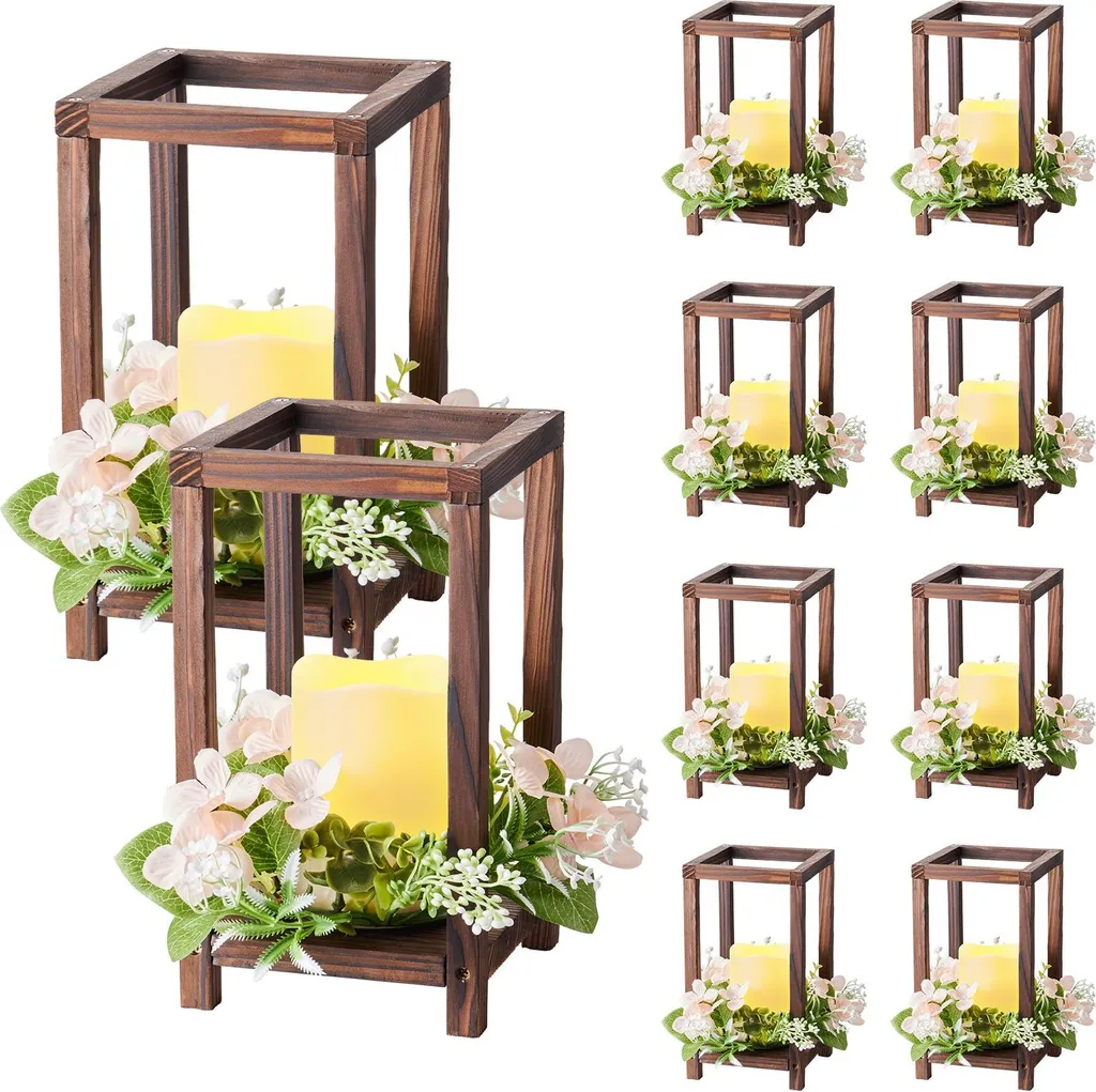 Lanterne en Bois avec Bougie LED et Couronne de Fleurs Champagne - Set 10