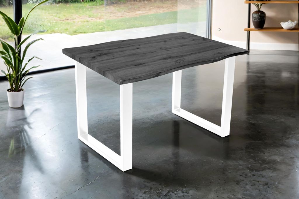 Esstisch Josy | 140 x 80 cm | Holz-Optik in Grau | U-Gestell Metall weiß | 40 mm Tischplatte mit Baumkante | Tisch für Esszimmer & Küche