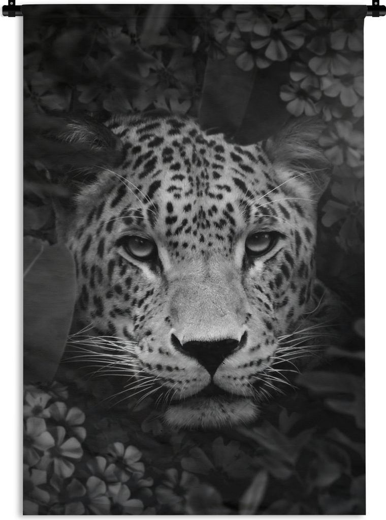MuchoWow Wandteppich Wandbehang Panther zwischen Blumen im Dschungel - schwarz und weiß 90x135 cm Tapisserie Dekoration Wandtuch - Baumwolle - W...