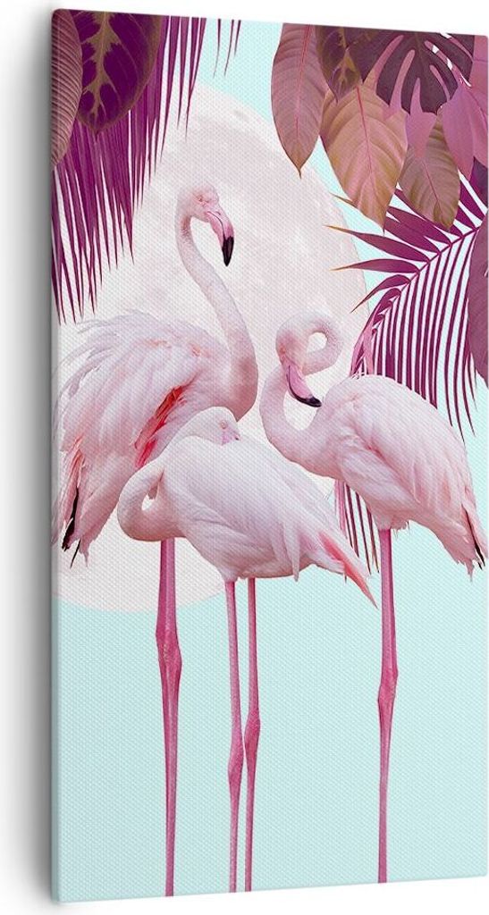 Bild auf Leinwand - Leinwandbild - Einteilig - Flamingos Palmen Mond - 55x100cm - Wand Bild - Wanddeko - Wandbilder - Leinwanddruck - Bilder - Wand...
