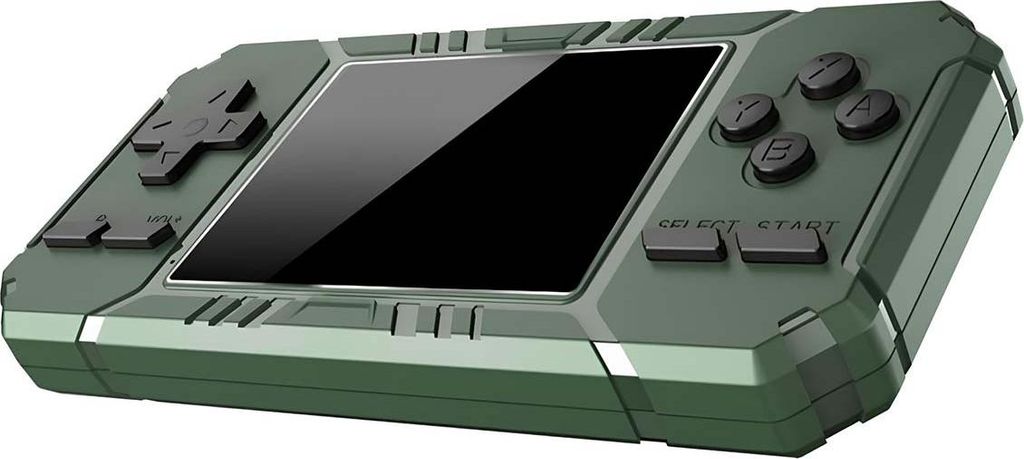 A handheld gaming console is shown against a white background.