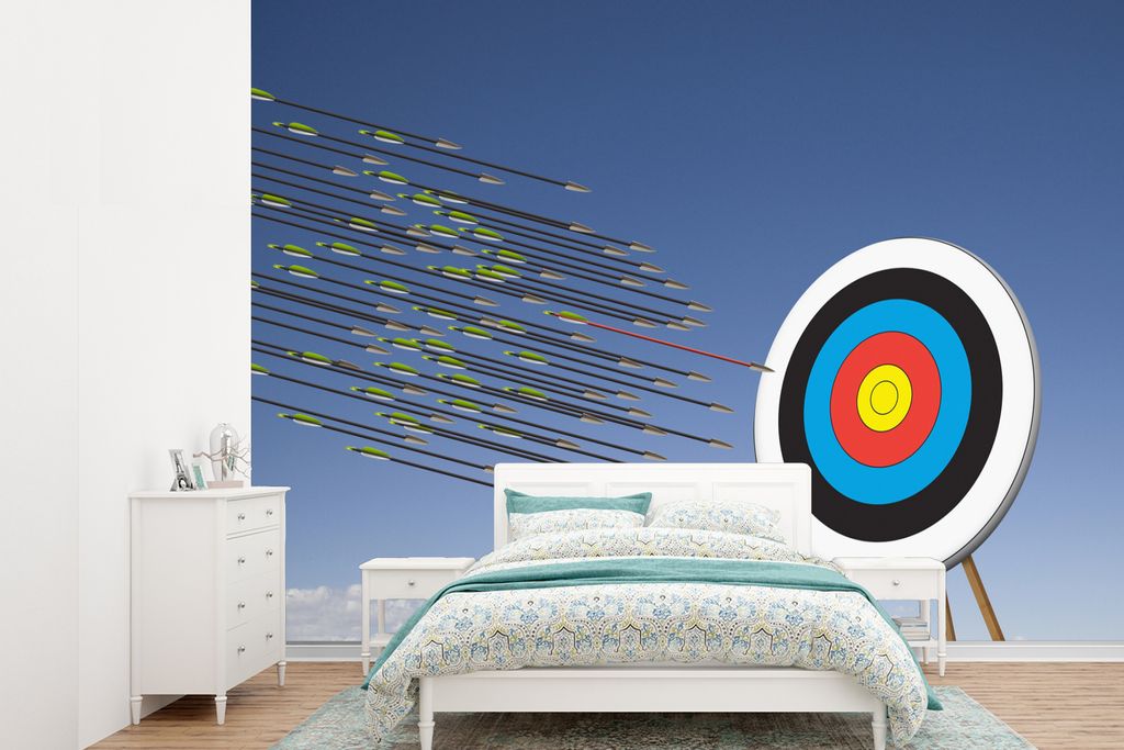 MuchoWow Fototapete für Wohnzimmer oder Schlafzimmer Wandtapete Vinyl Motivtapete Beim Bogenschießen fliegen die Pfeile auf das Ziel - 360x260 ...