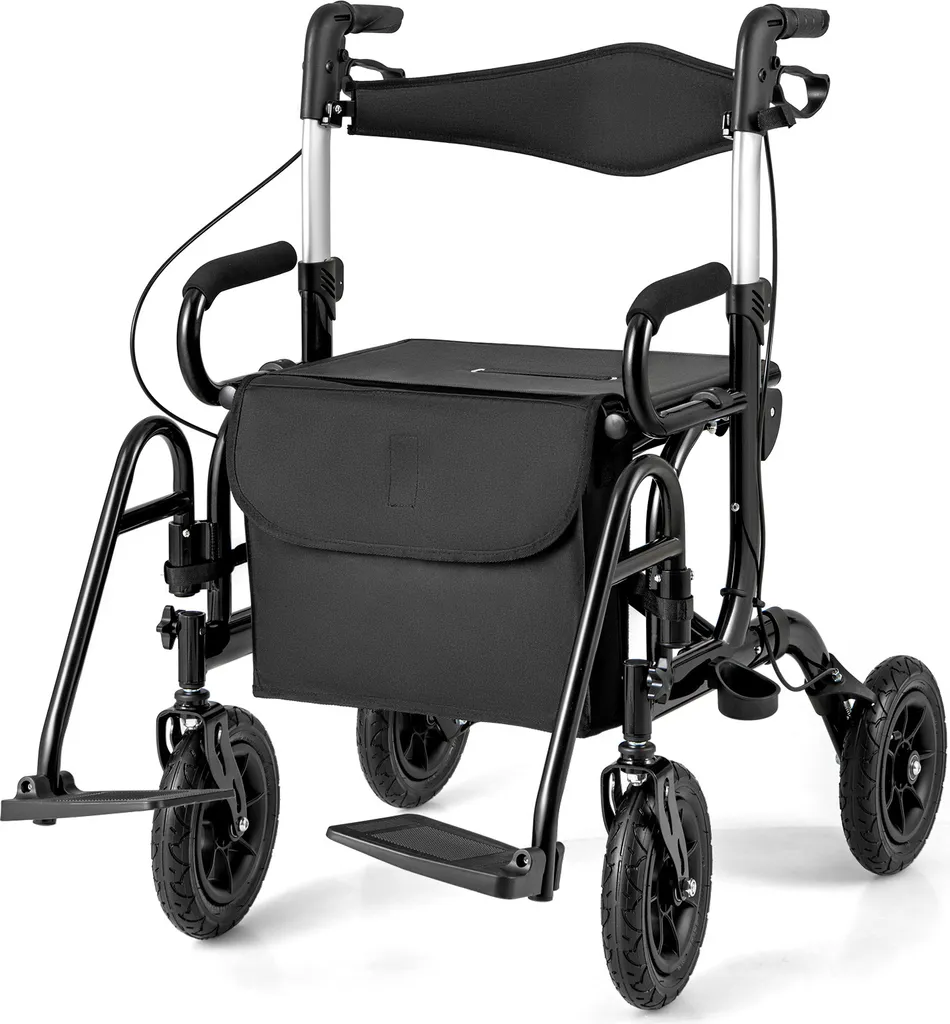 Rollator 4 Roues Pliable avec Siège et Repose-pieds pour Senior Noir