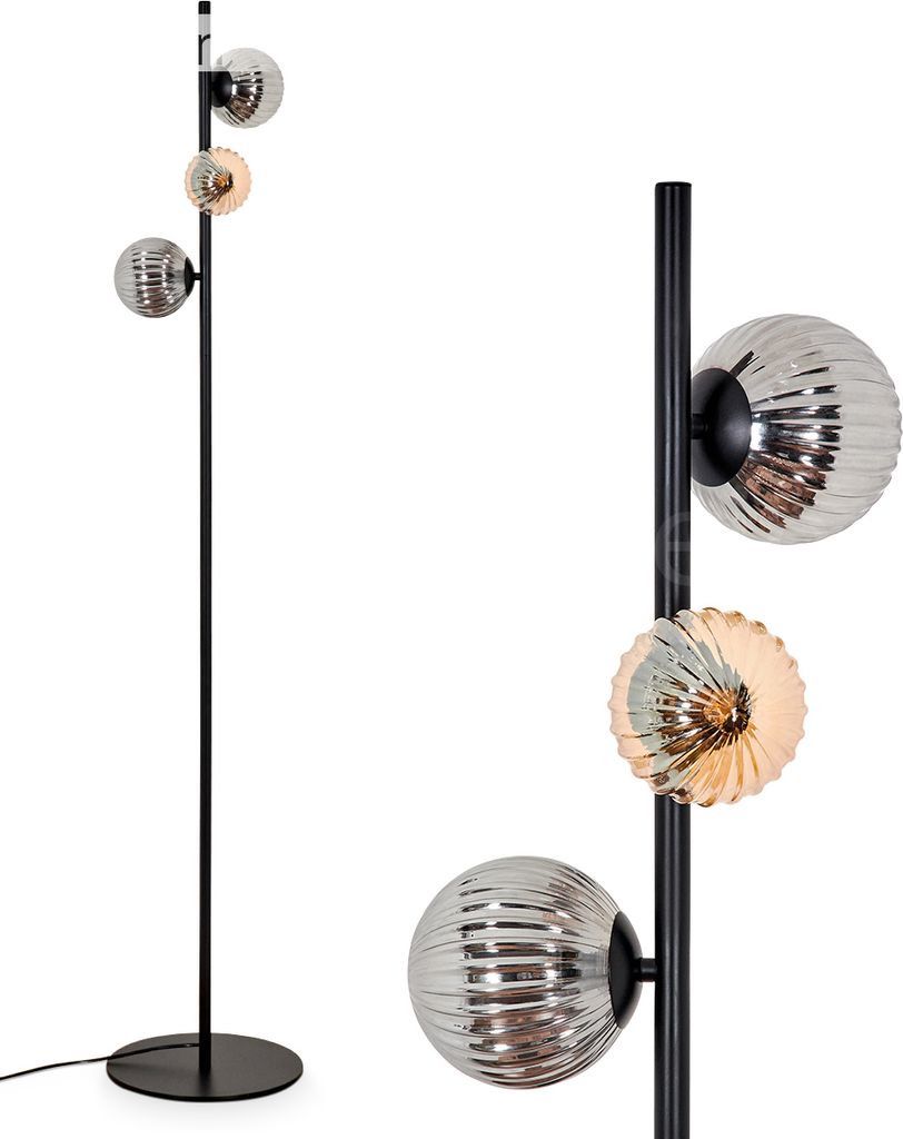 Garaguso Stehlampe aus Metall/Riffelglas in Schwarz/Rauch/Bernstein